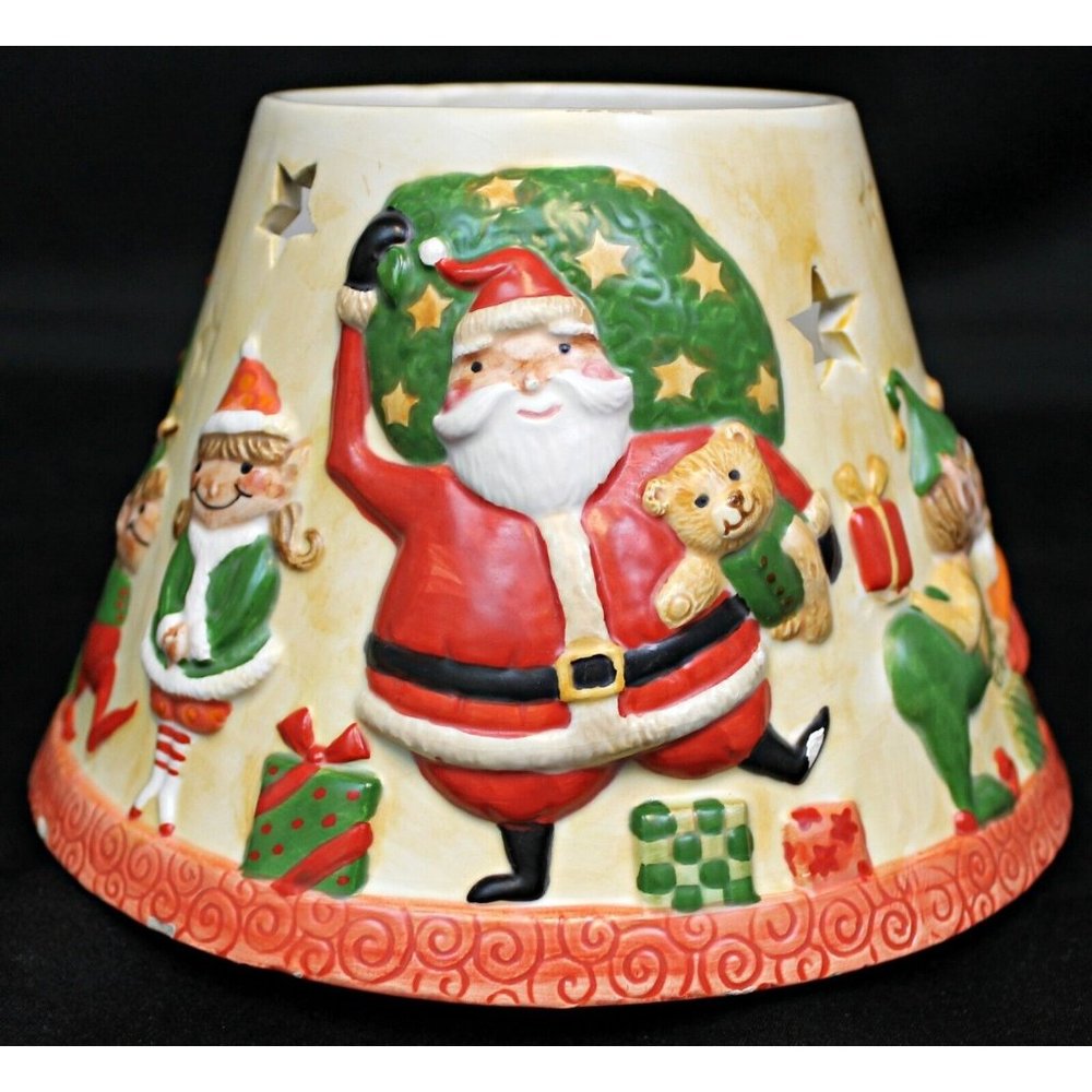 Yankee Candle Lg Candle Shade Topper Santa Gifts Elves Design Ceramic Christmas